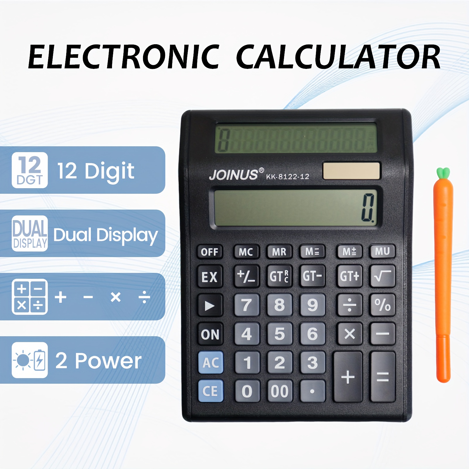 Calculator + Set de Pixuri Gel (2 bucăți), Calculator Financiar Profesional 12/14 Cifre - Afișaj LCD Mare pentru Citire Ușoară, Alimentat Solar Pentru Birou, Școală și Acasă (Fără Baterie)
