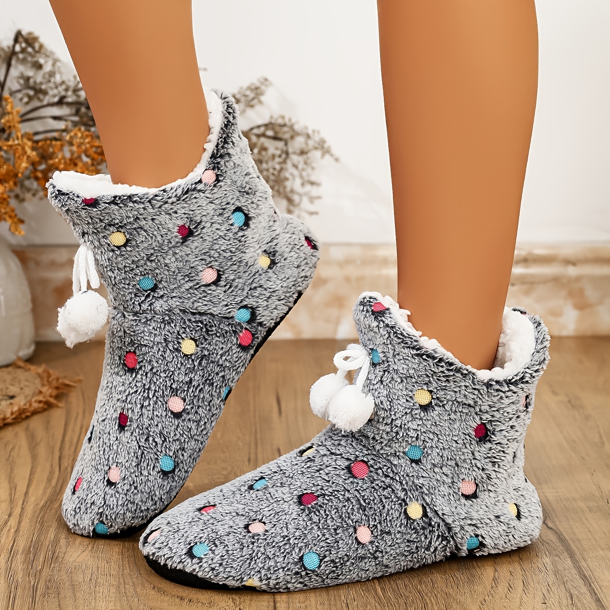 TEMU Cute Pom-pom Multicolor Polka Dot Slippers, Fleece Lined For , Beautiful For Home In Winter, Women Shoes