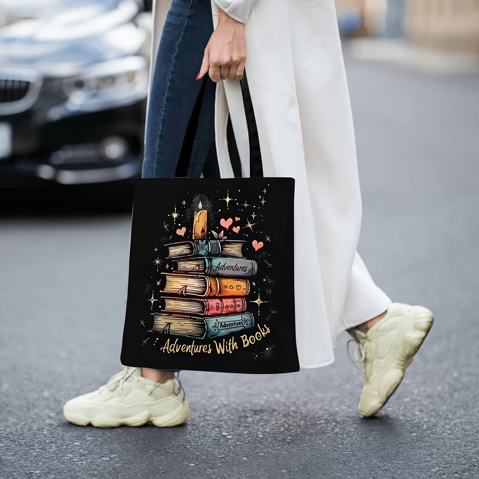 TEMU 1pc Double-sided Printing Books, Candles, Hearts. Multifunctional Printed Tote Bag, Perfect Gift For , Cute Shoulder Bag For Outdoor Shopping