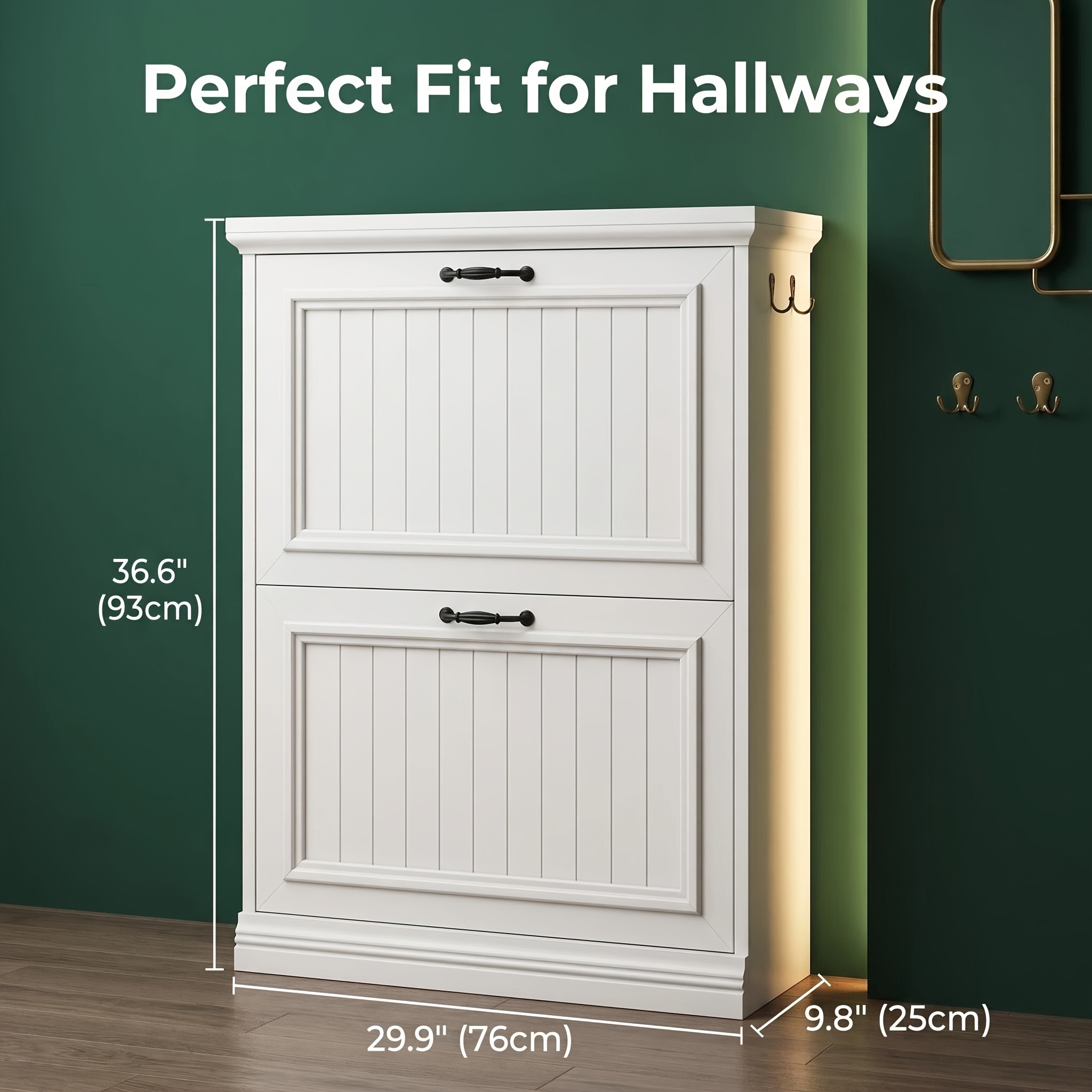 Image of Classic White Two-door Shoe Cabinet With A Easy, Narrow Wood Grain Design; Adjustable Shelves For Entryway And Hallway Shoe Storage