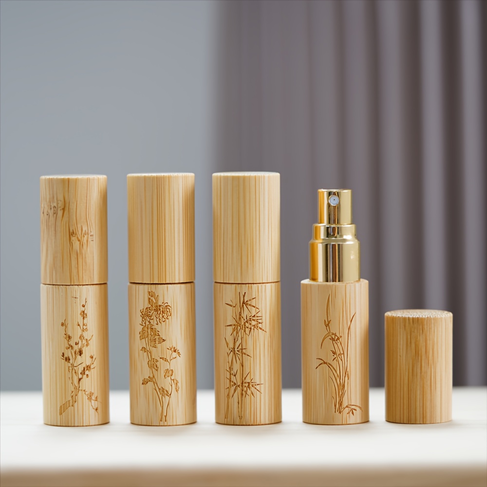 

1pc Bamboo Glass Spray Bottle, 10ml Refillable Atomizer, Pvc-free, Unscented, Decorative Chinese Style Floral Engraving, Essential Oil Perfume Mist Dispenser With Protective Cap