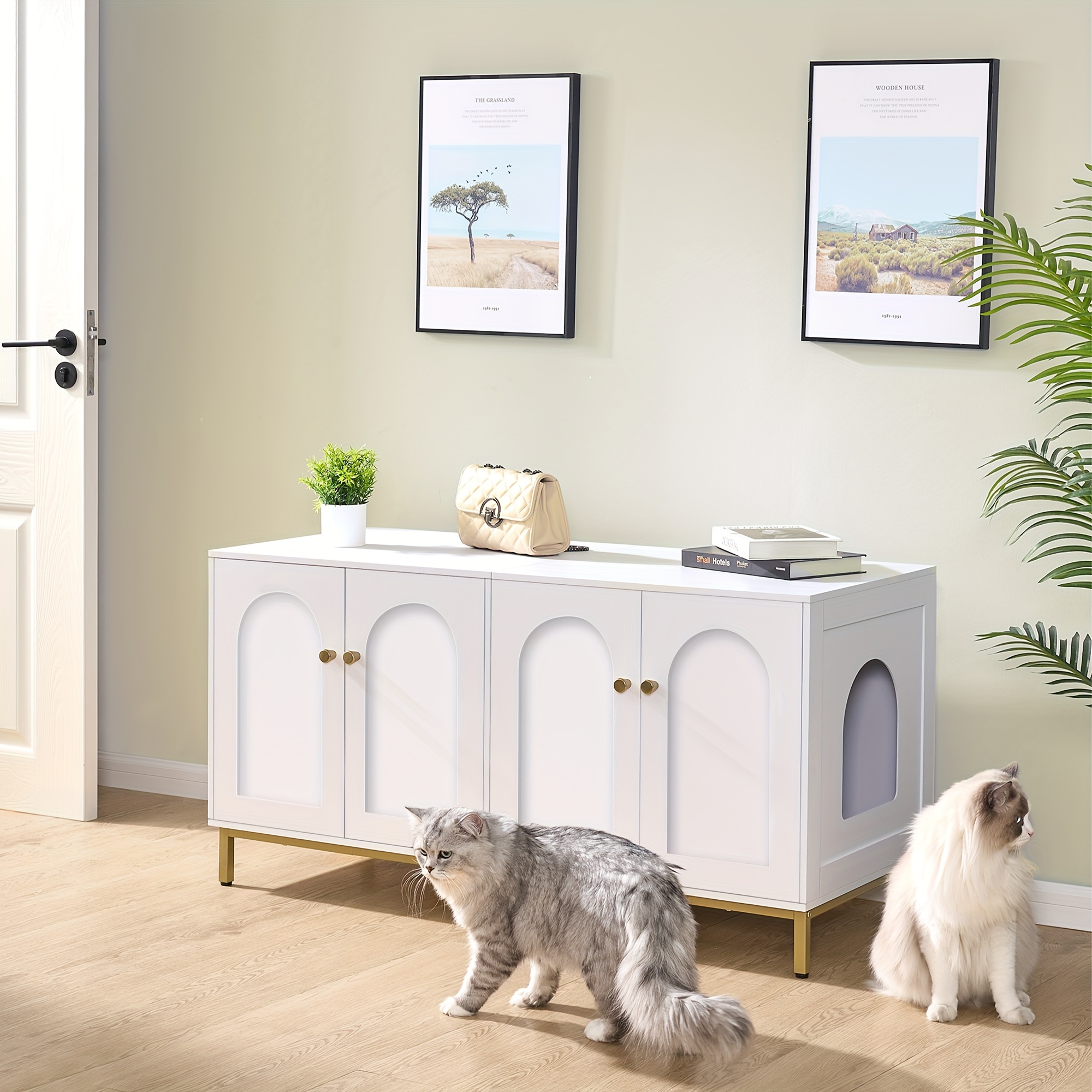 Cat Litter Box Enclosure For 2 Cats, 120cm Hidden Cat Litter Box Furniture, Wooden Pet House, Storage Cabinet Bench, Fits Most Cat Litter Boxes, White And Golden