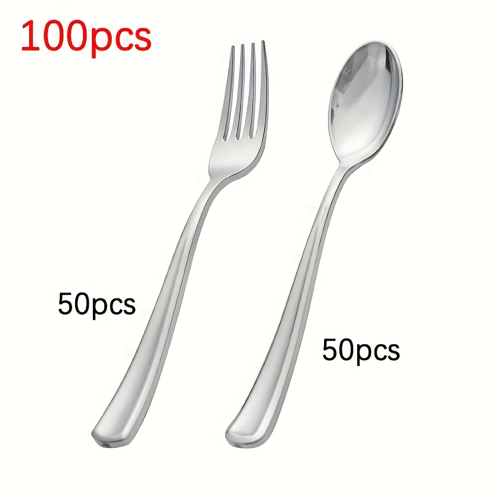 Image of 40/100pcs Silvery Plastic Cutlery Set - Includes Silvery Forks And Silvery Spoons, Suitable For Birthday Parties, Weddings, Anniversaries, And Most Christmas