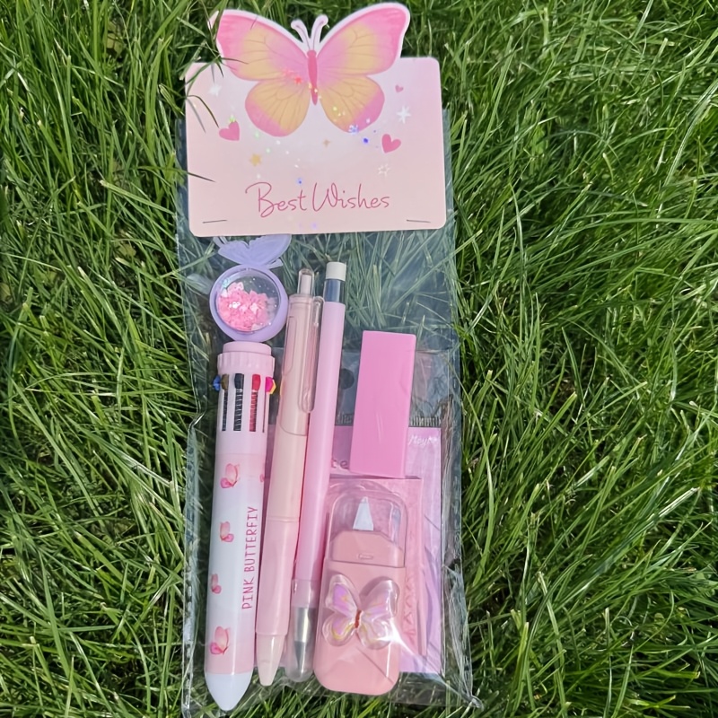 Image of Flutter Into Fun: Stationery Set - 6pcs Supplies Including Gel Pens, Pencil & Sticky Notes & More- Perfect Back-to-school Gifts!