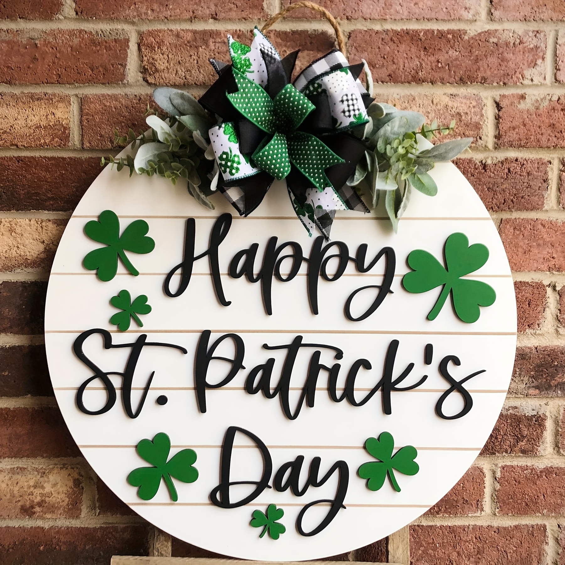 

Happy 's Day 3d Wooden Door Hanger - Clover Wreath Design, Farmhouse Spring Porch Decor, No Power Needed