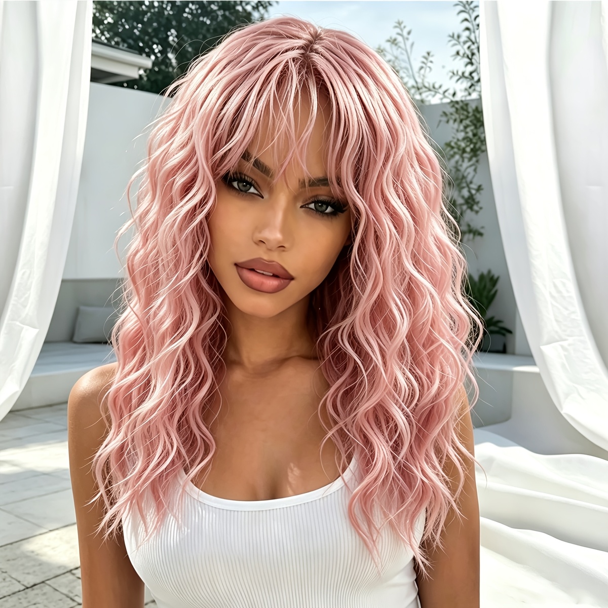 TEMU Roze Krullende Gelaagde Pruik met Pony, Modieus Air Bangs Ontwerp, Hittebestendig Synthetisch Materiaal met Hoge Dichtheid, Lijmvrije Stijl