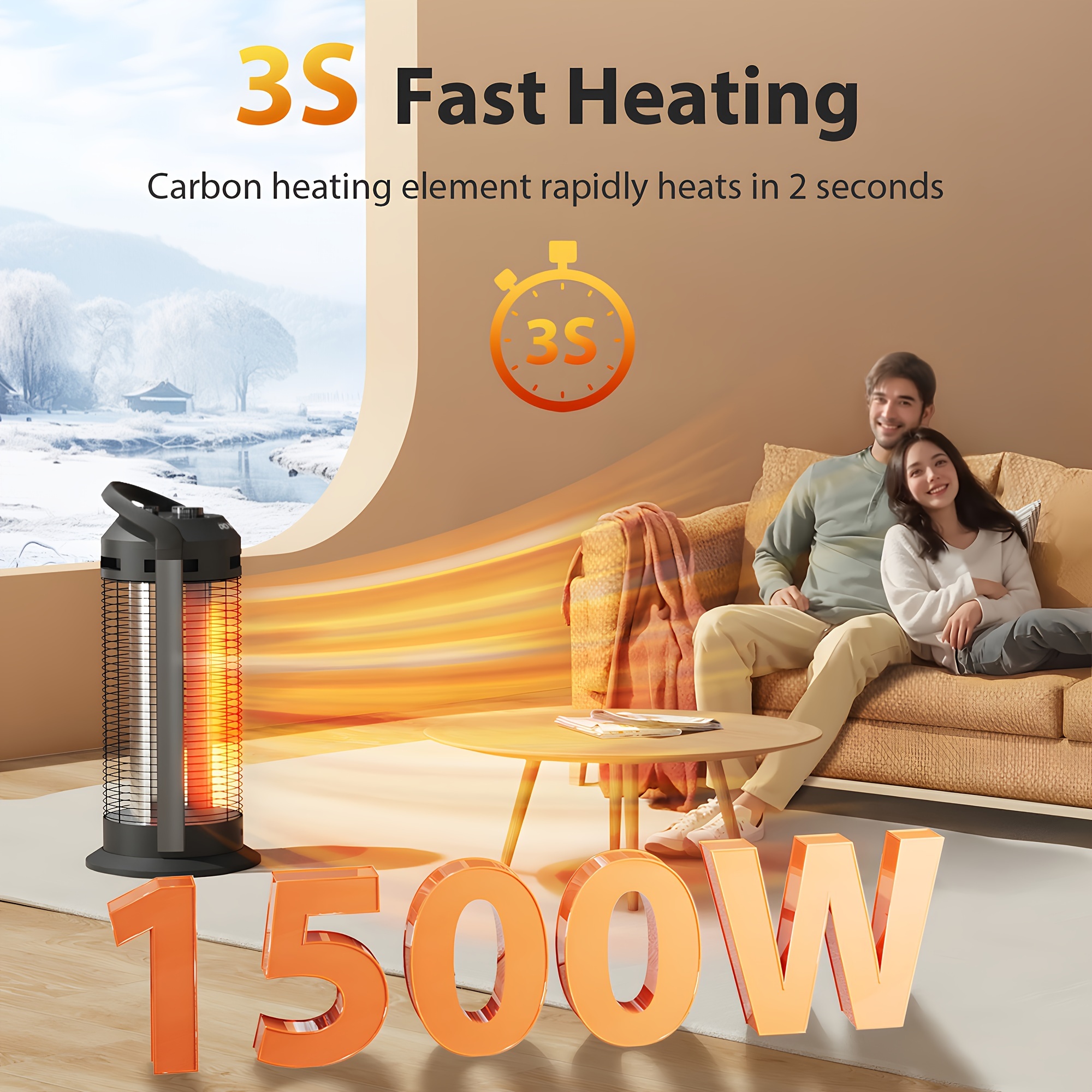 

1pc Infrared Space Heater, 1500w 16'' Fast Heating, Quiet For Bedroom, 120v Us Plug, , Multiple Safety Protections, No Battery Required