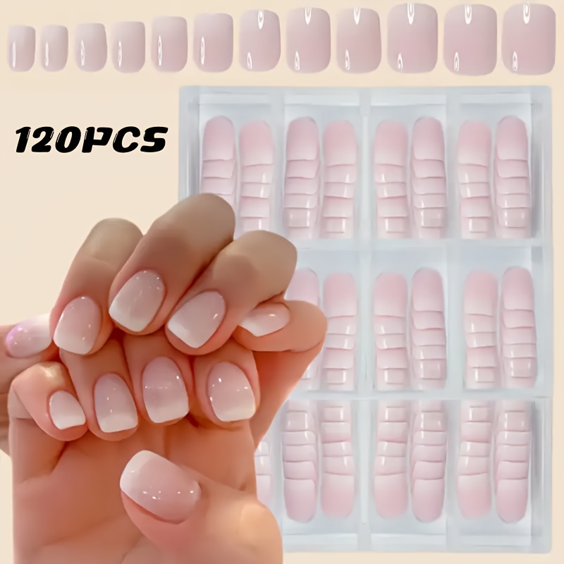 120pcs Short Square Press-on Nails, Pink White Gradient With Apricot Fake Nails, 12 Size Options, Full Coverage, Easy To Apply, Perfect For Nail Art Lovers