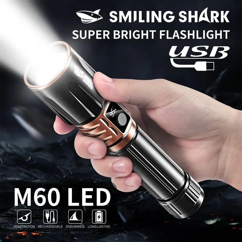 1pc rechargeable flashlights m60 led long range high power multi functional handheld flash light with lcd display power bank function for emergency security camping Product details 0