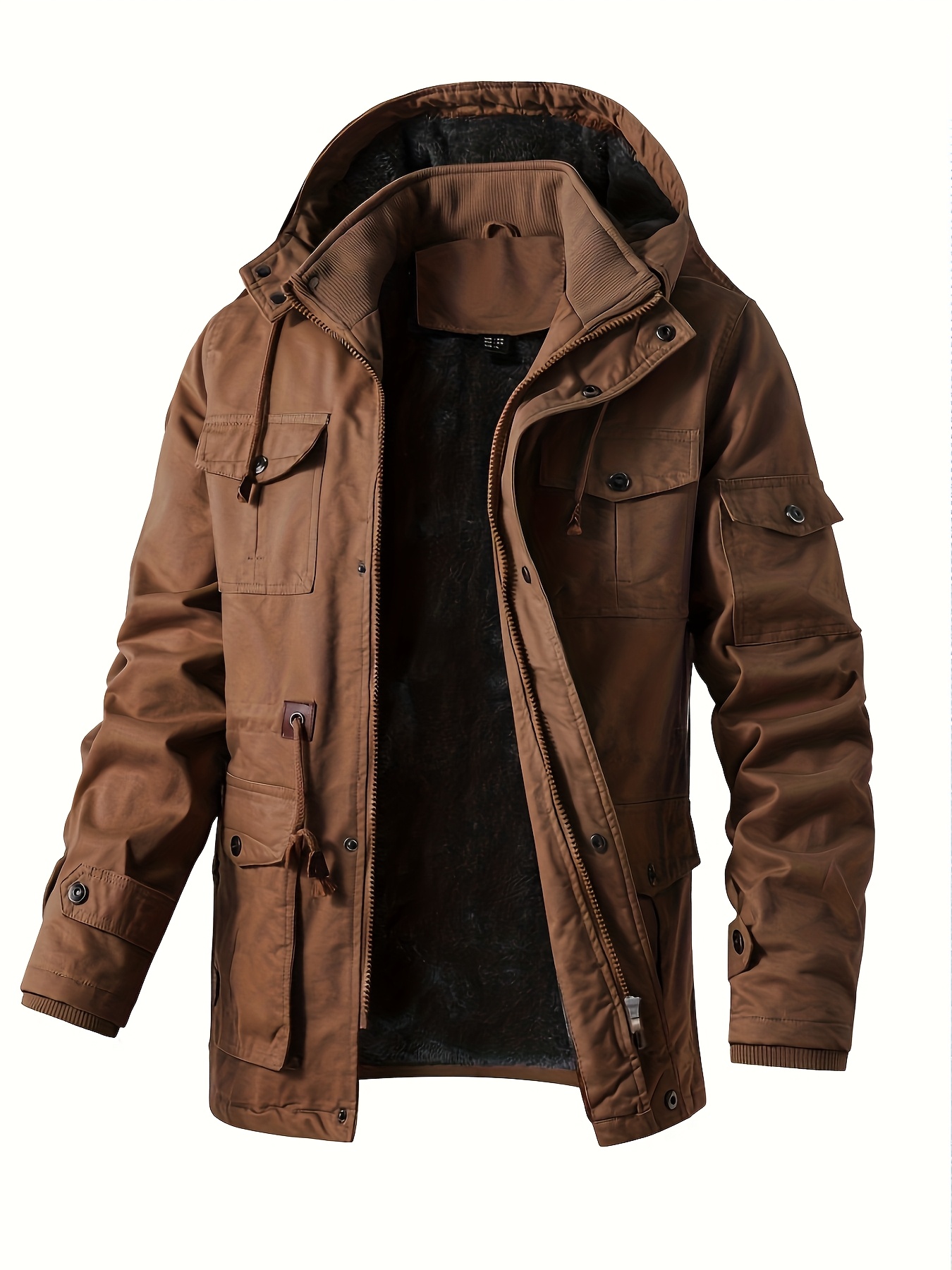 mens heavy duty winter jacket hood full zip closure fleece Temu