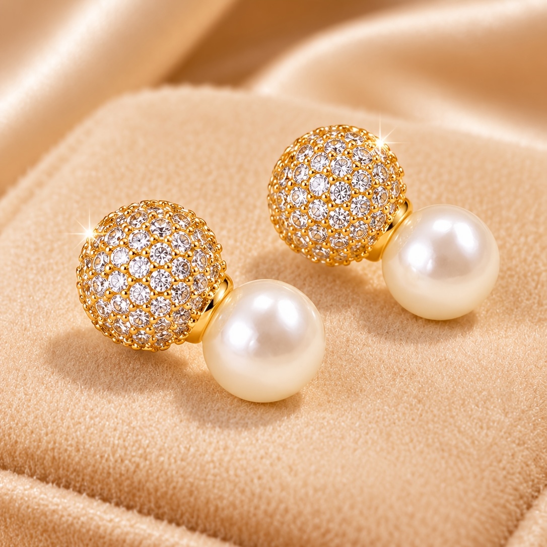 2pcs Gold-Plated Round Stud Earrings with Cubic Zirconia