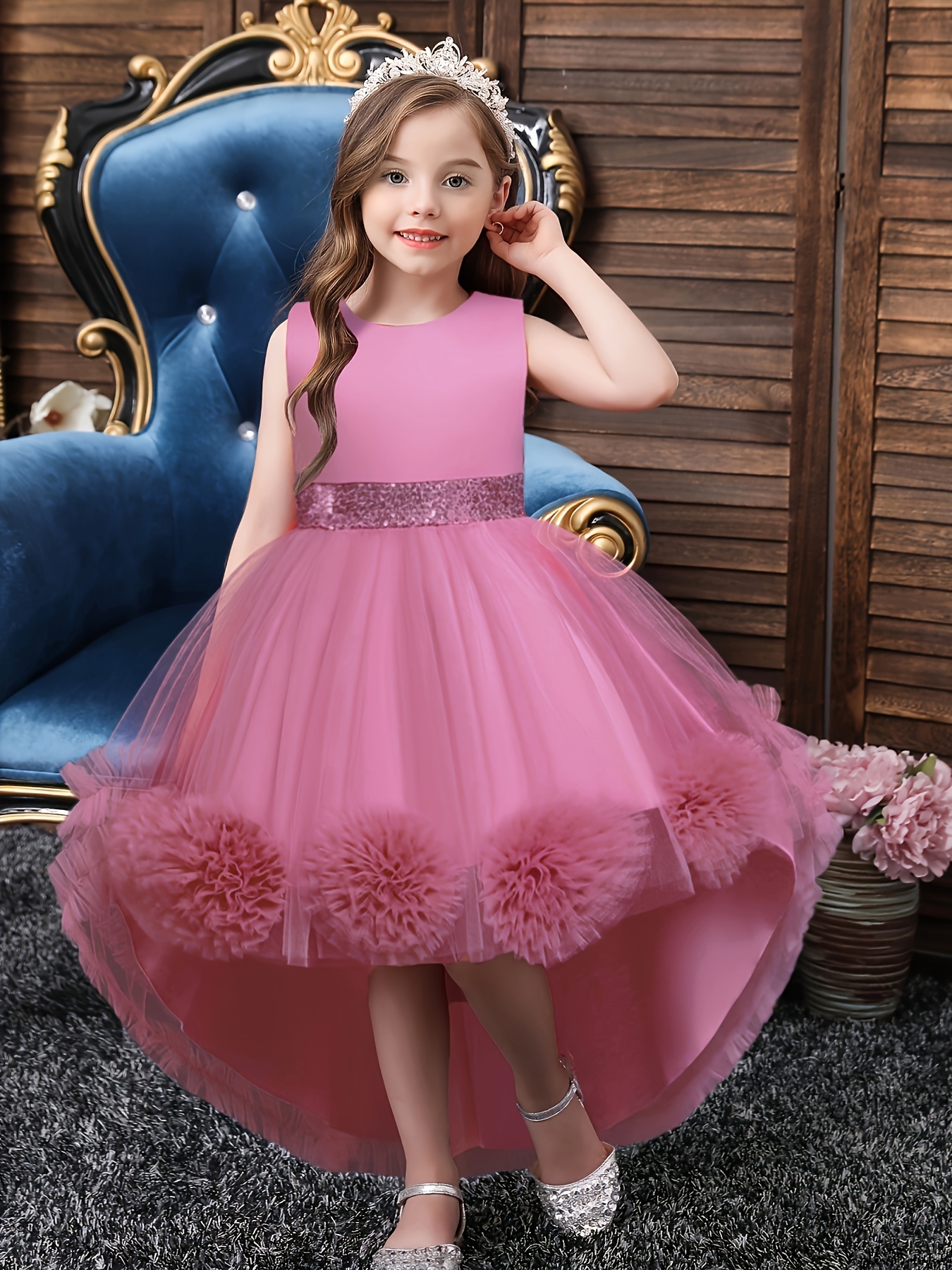 Girls' Wedding Dress with Fluffy Pink Tutu Train Princess Formal gown for  Weddings, Pageants, Photoshoots Birthday Party Outfit Non-
