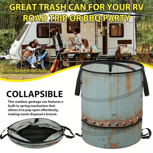 1pc rusty metal rivet elegant design collapsible garbage bin trash container outdoor portable storage ideal for indoor outdoor use van boat patio porch backyard garden clean