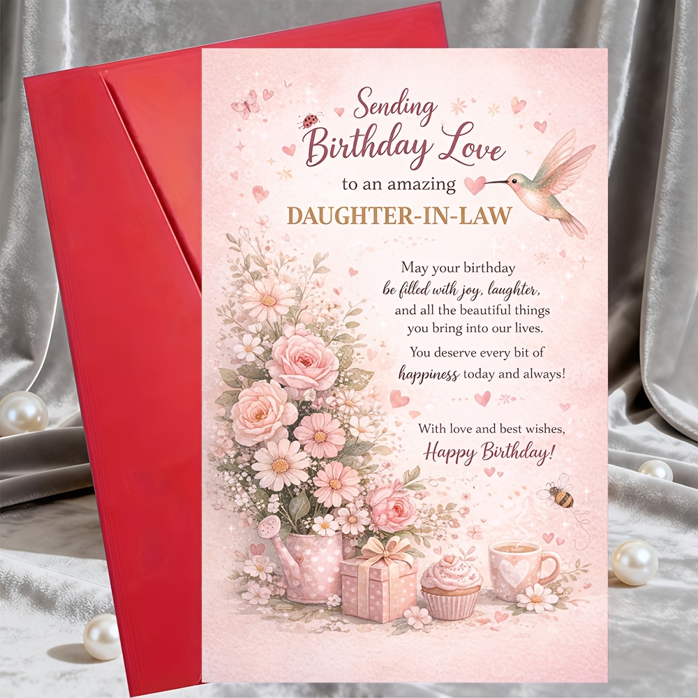 TEMU A Birthday Card For A Daughter-in-law Featuring A Floral Hummingbird Design, Accompanied By An Envelope. It Includes A Message Parents-in-law,
