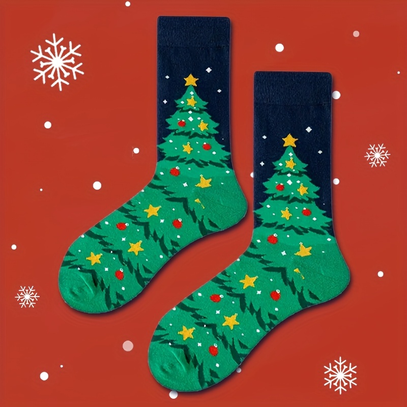TEMU 1 Pair Christmas Tree Mid-calf Socks, Men's Couple Unisex, Breathable Comfortable Style Unisex Socks For Men's Outdoor Wear , Men's New Year Fun