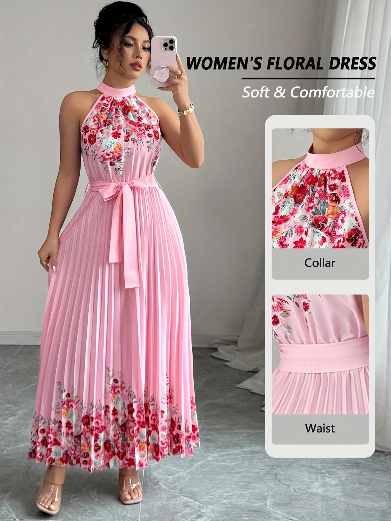 Fashionable New Women'S Summer Halter Floral Print Pleated Dress