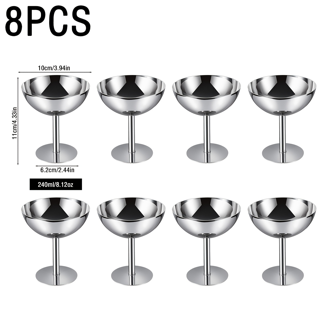 TEMU 8pcs Set Of Short/tall Dessert Cups In Sizes, Stainless Steel Ice Cream Cups, Fruit Bowls/ice Cream Cups/pudding Cups, Suitable For Serving Ice