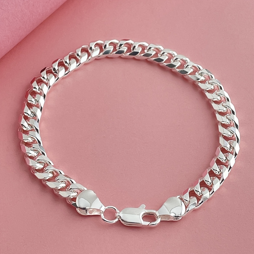 TEMU Fashionable 925 Silvery Plated 6mm Cuban Link Bracelet, Unisex For Men And Women - Versatile Everyday Jewelry, Best Gift For Couples , Christmas