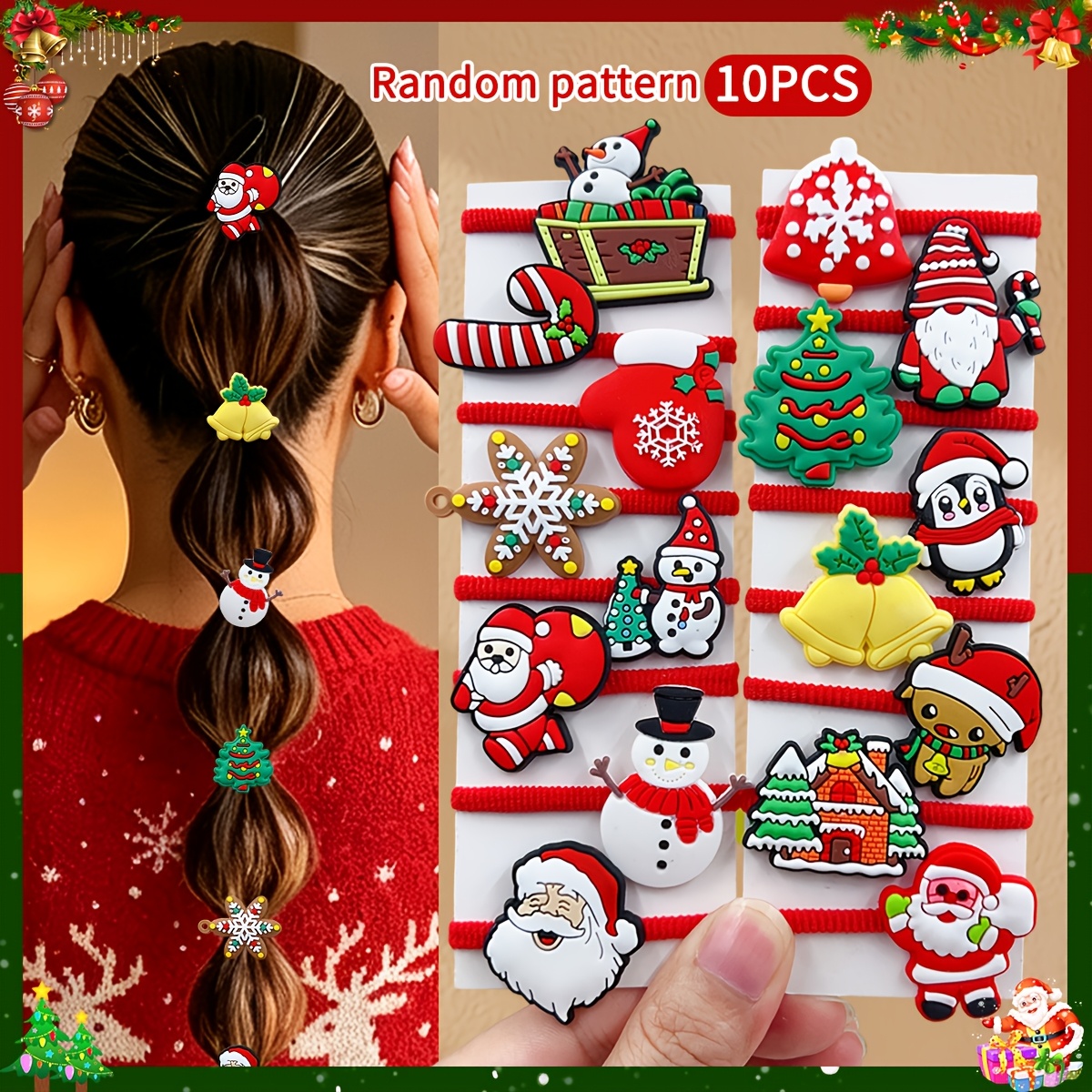 TEMU 10 elastici per capelli natalizi casuali con , , albero di Natale, , accessori natalizi adatti per abbigliamento da festa, gioielli per capelli,