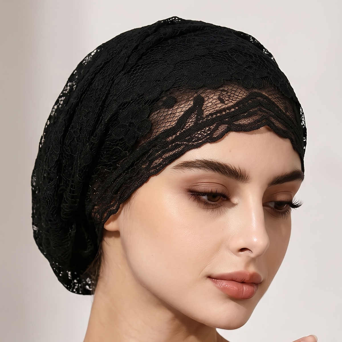 TEMU 1pc Elegant Floral Lace Bonnet, Stretchy Breathable Base Under-headscarf, Solid Color Women's Hair Covering Scarf, Suitable For Daily Use During