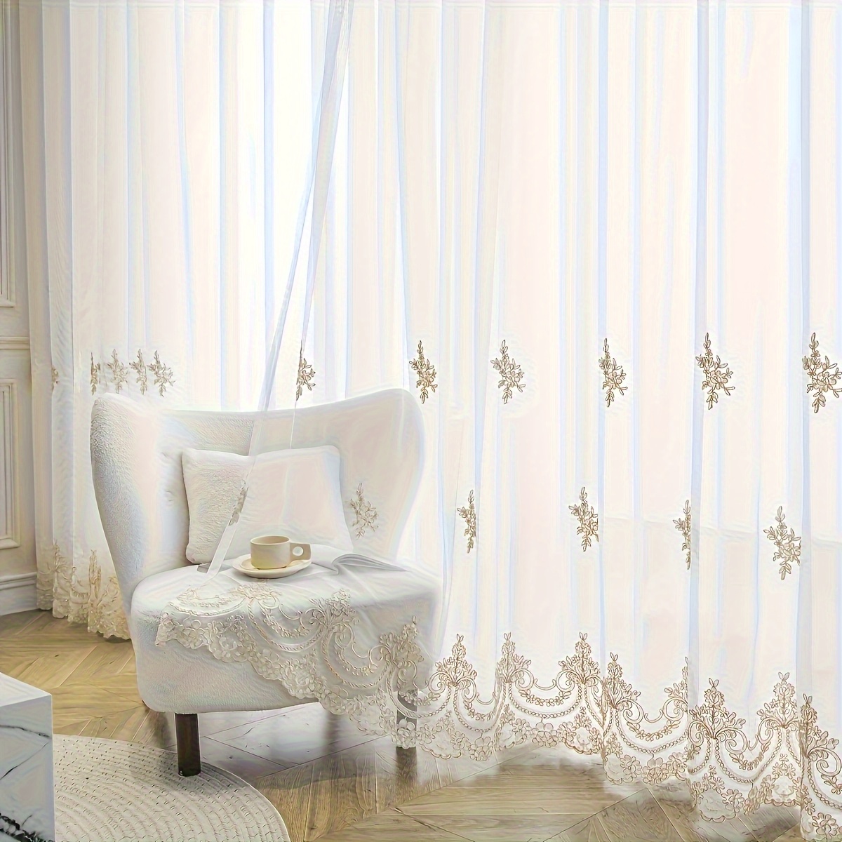 E-shop Französische Ästhetik Stickerei Transparente Gardine, Einfacher Europäischer Stil Kleine Blume Gestickte Weiße Durchsichtige Dünne Fenster