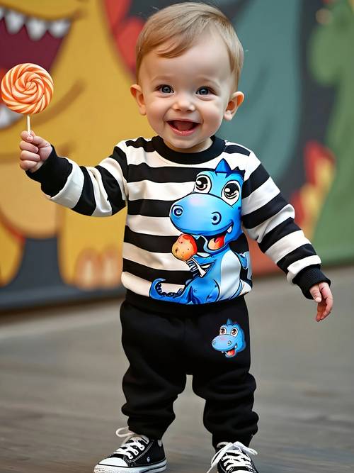 european and american boys autumn and winter cute cartoon dinosaur pattern striped hoodie black dinosaur pattern pants two piece set
