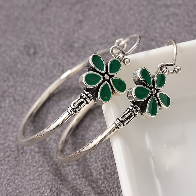 Image of Vintage Bohemian Flower Silvery Plated Earrings, Copper Earrings, Green Earrings, Suitable For Parties, Vacations, Christmas Gifts, Jewelry