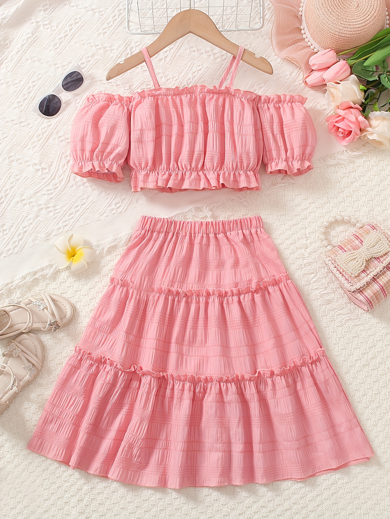 Girls' Camisole Dress Set, Cute Short Top with * Flared Wavy Spliced Skirt,  Youth Holiday * Casual Short Sleeve Lantern Sleeve Cap Sleeve Summer Outfit