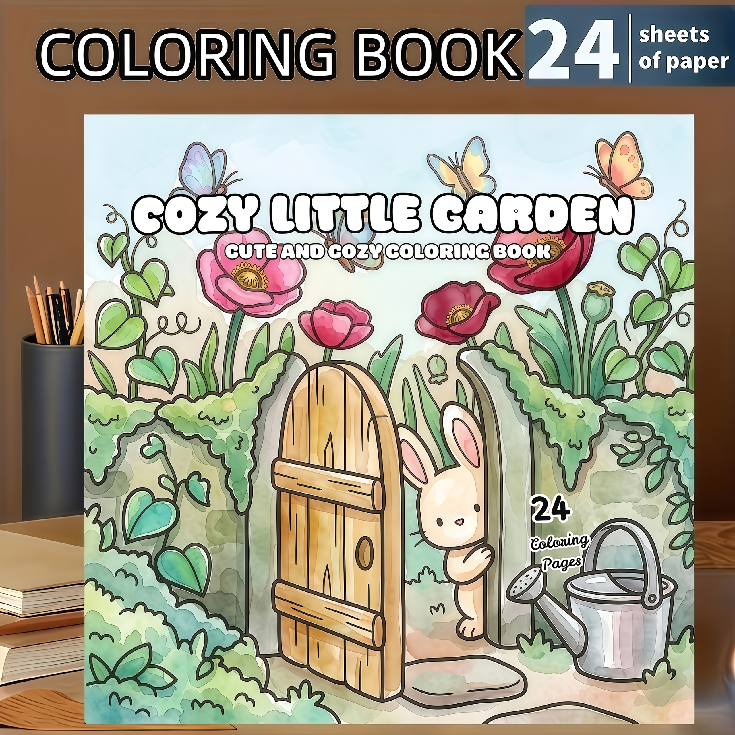 TEMU 1pc Cozy Little Garden Coloring Book, Featuring 24 Pages Of Exquisite Coloring Pages, Cute And Style, Bunny, Colorful Flowers, , Garden Gate And