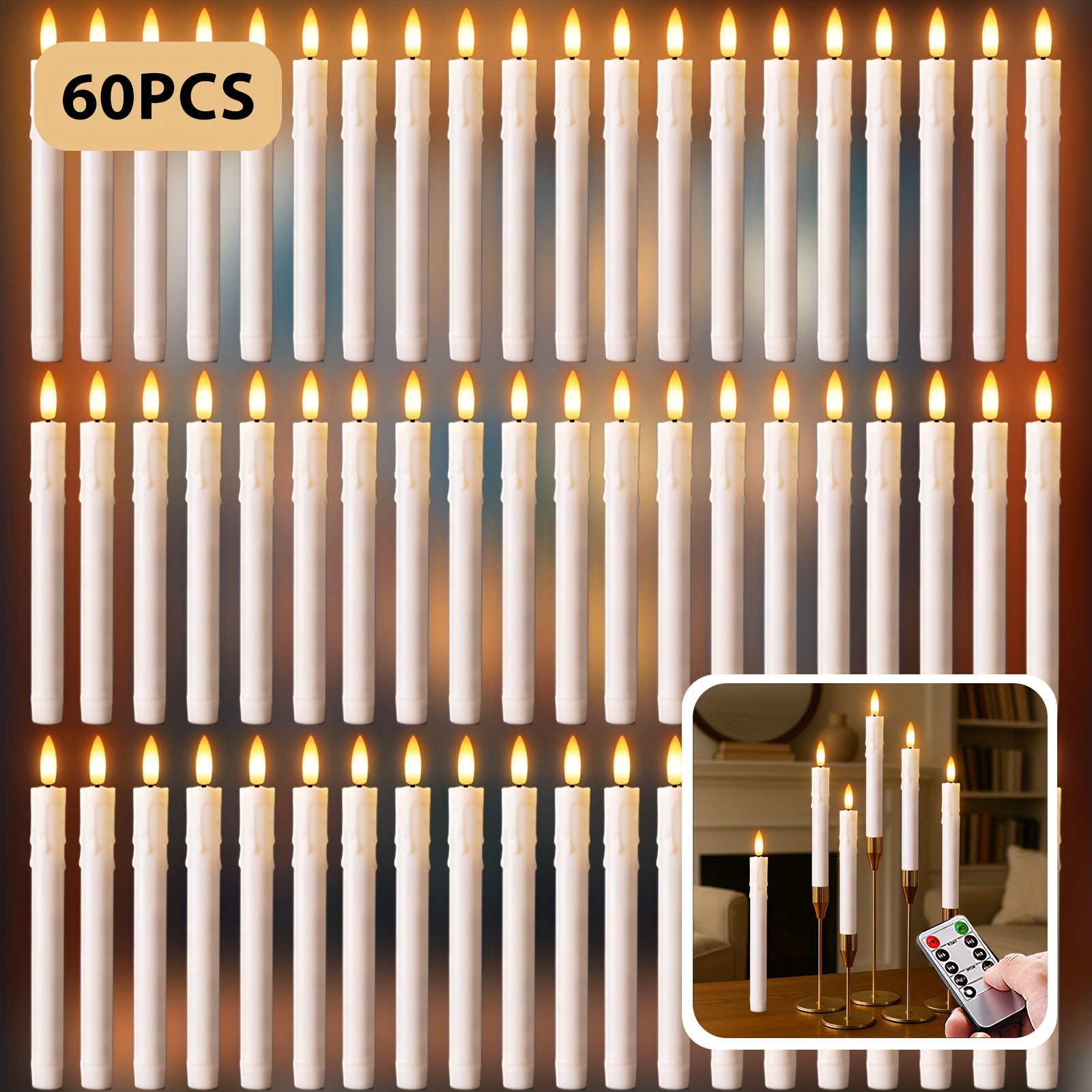 TEMU 60pcs Flameless Cone-shaped Taper Candle Light, 2aa Battery, With Remote Control Timing Function, Led Window Candle, Suitable For Wedding, Home