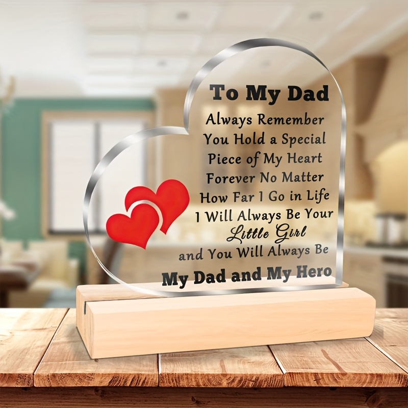 TEMU 2d Flat, "to Dad" Engraved Heart-shaped Acrylic Plaque With Wood Base - Modern Minimalist Desk Decor Suitable For Home/office, Father's Day Gift