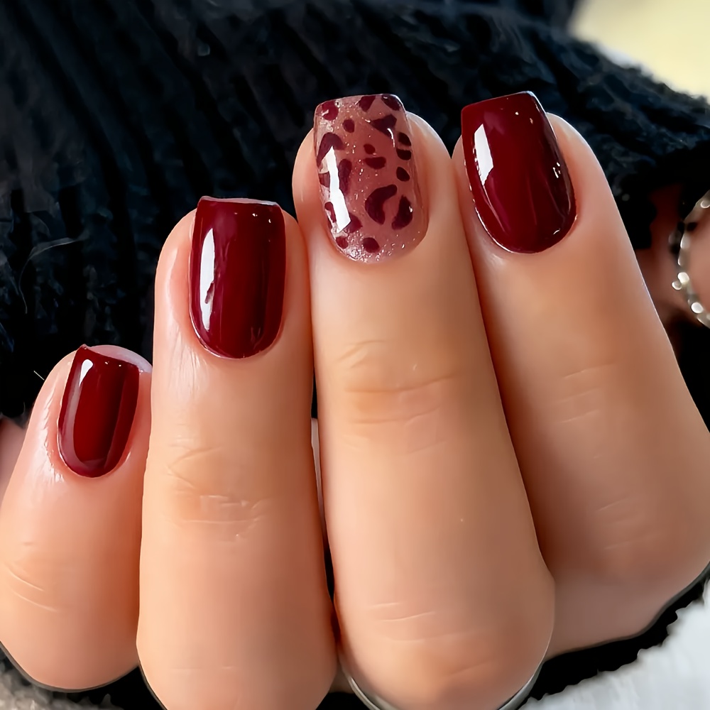TEMU Upgrade Your Look With 24pcs Of Short Square Press-on Nails In Wine Red Solid Color With Elegant Leopard Print And Sexy Glitter Design. False