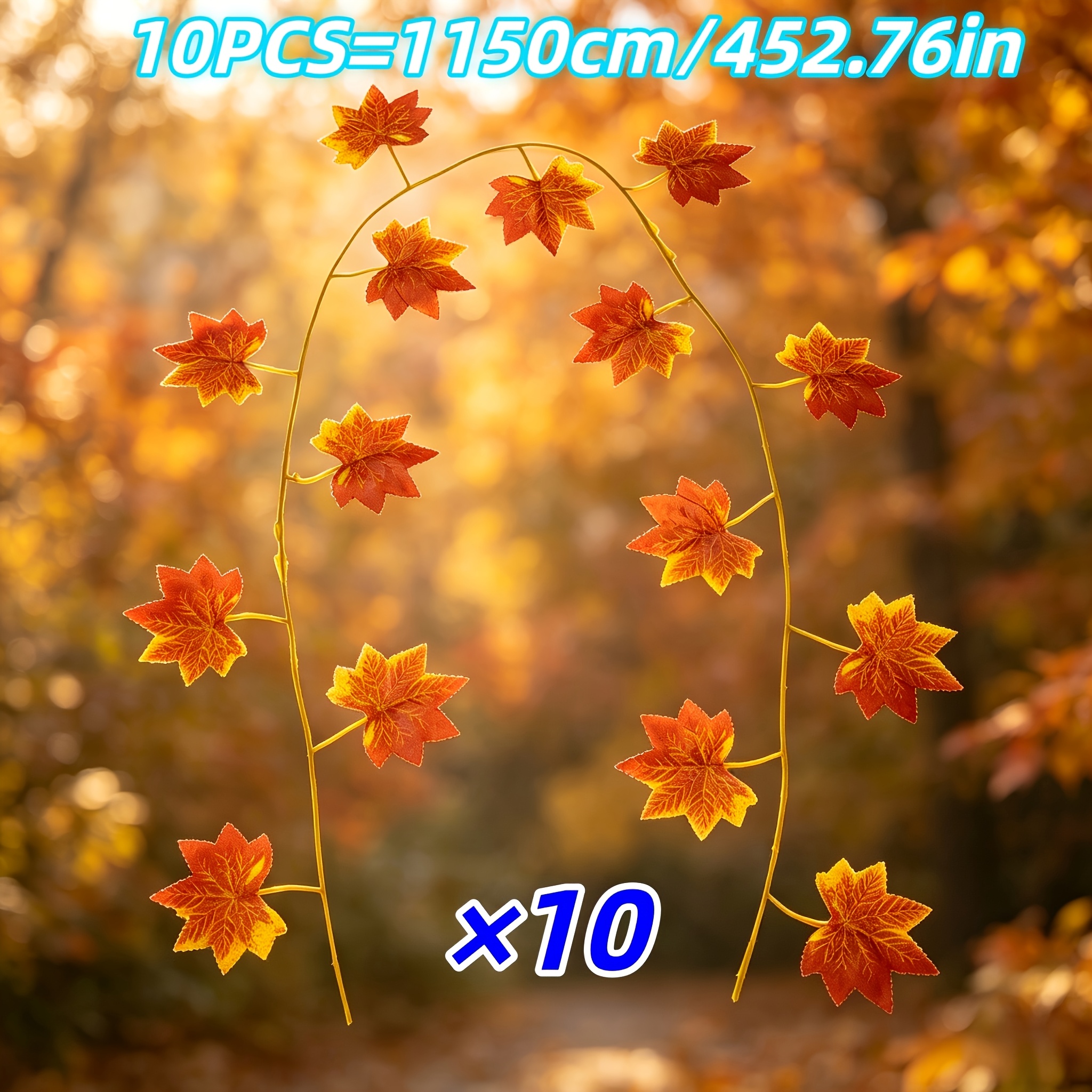 TEMU 10pcs Autumn Maple Leaf Garland, Set Of 10 With A Total Length Of Approximately 1150cm / 452.76 Inches, Artificial In Red, Orange, And Yellow