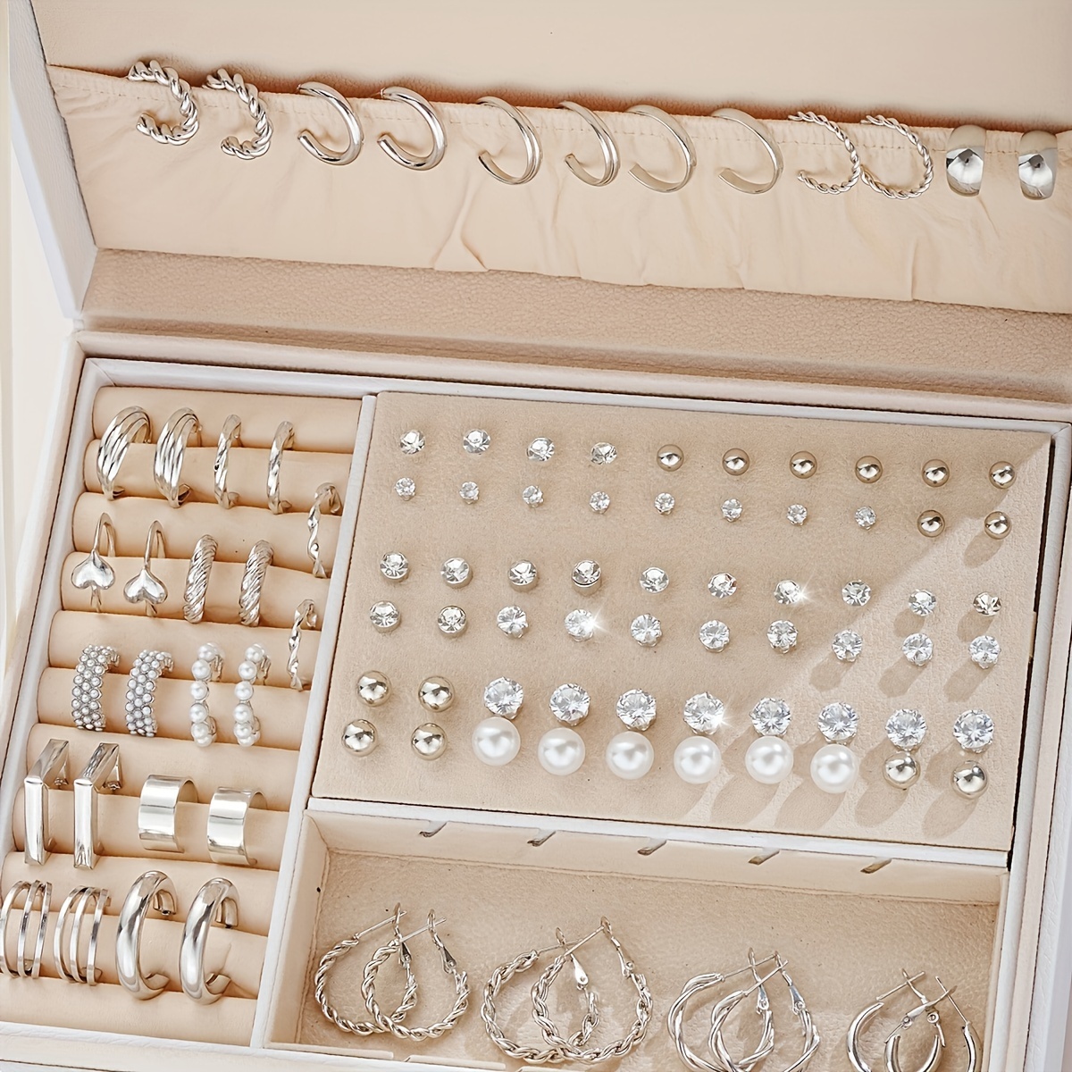 

51-piece Set, Silver Fashion Faux Pearl & Cubic Zirconia Earrings, Lightweight, Ladies' Daily Wear, Versatile, Casual, Gift For Her, Vintage & Bohemian Style, Jewelry Set