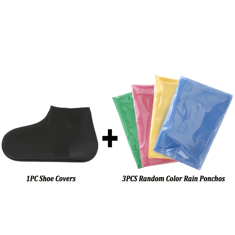 TEMU 4pcs Portable Emergency Raincoat And Waterproof Shoe Covers Set, Random Color Pocket Size Pe Rain Poncho With Non-slip Transparent Rain Boot
