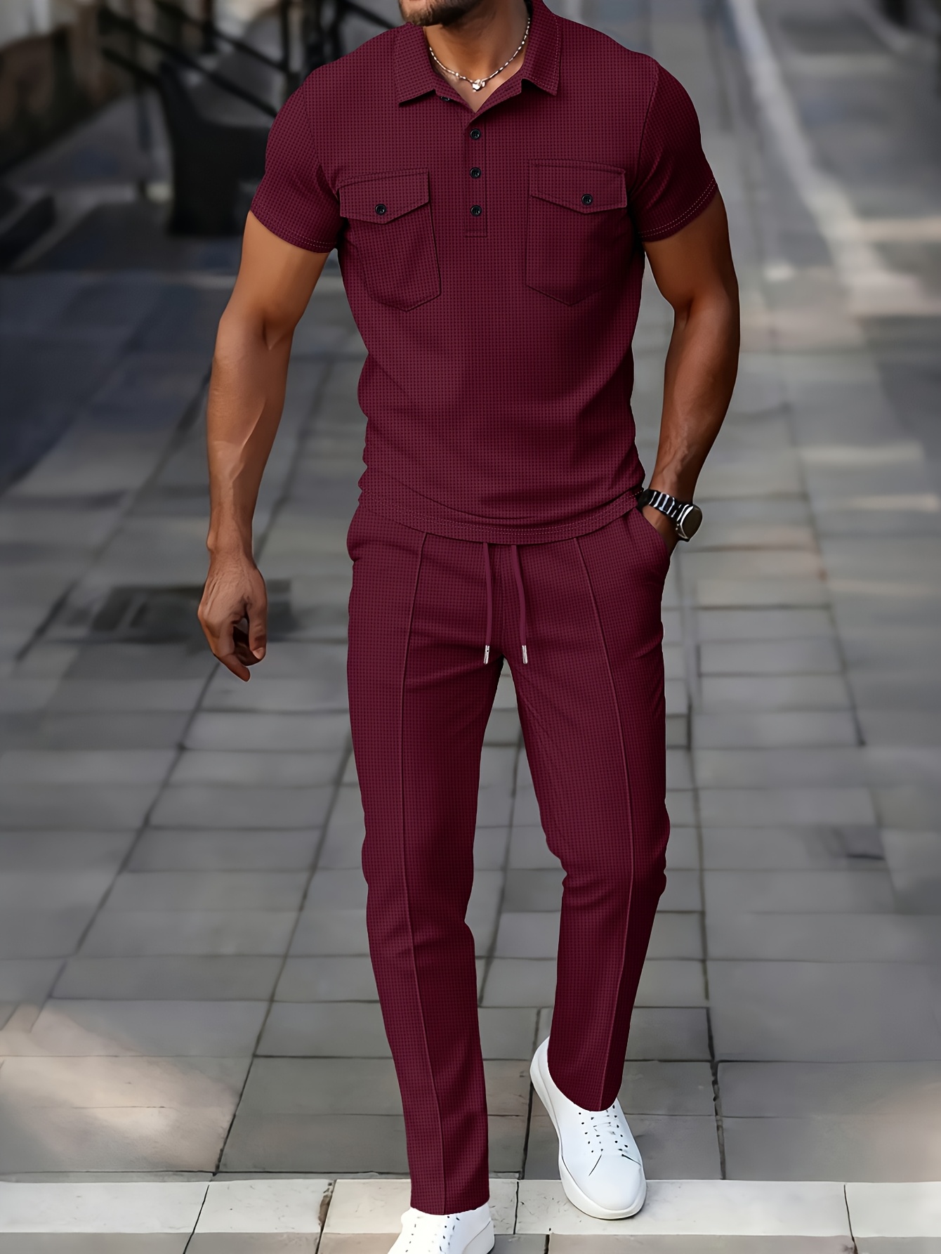 Men's 2pcs Set, Solid Color Minimalist Black Button-Up Short Sleeve Shirt with Two Pockets and Collar + Drawstring Waist Pants, Men's Spring/Summer Casual Vacation Daily Wear