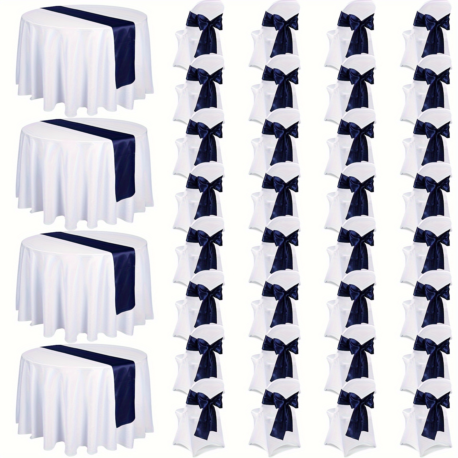 

72pcs Tablecloth Chair Cover Set, Include White Round Tablecloths 120, Satin Chair Sashes Ties, Spandex Folding Chair Covers, Table Runner For Wedding Banquet Parties (dark Blue)
