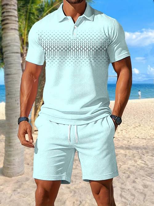 herren sommer-sportset: kurzarmhemd, shorts mit kordelzug und , geometrisches muster, atmungsaktives mesh für strand- und golfaktivitäten