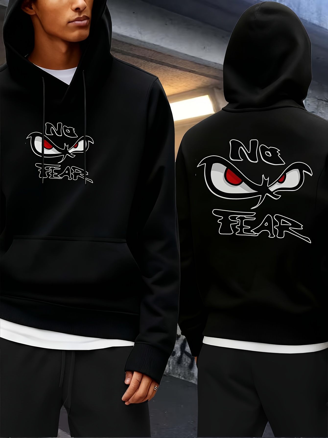 Verdikte herensweater met capuchon, gloeiende ogen en "Geen angst