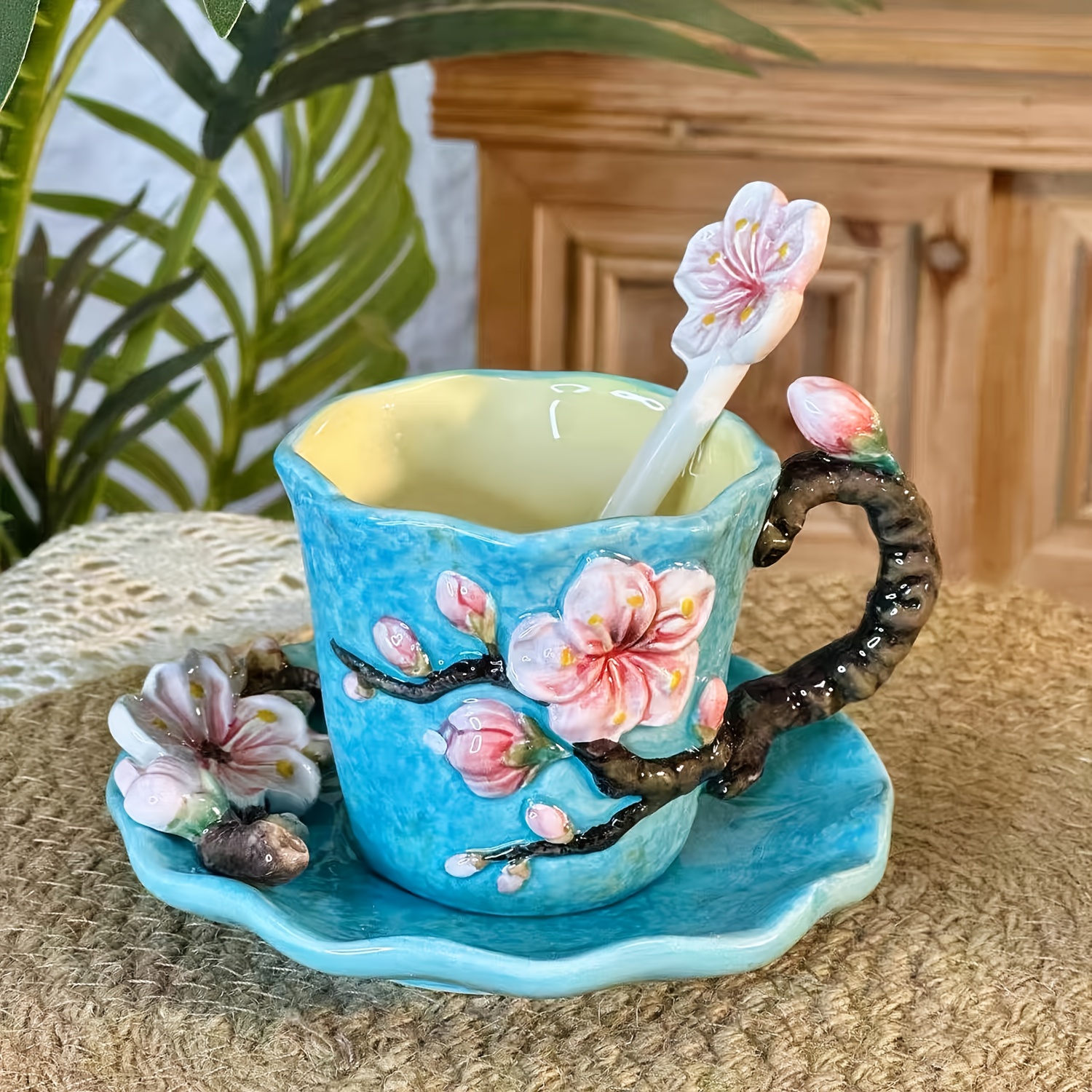 1set ceramic hand painted classic van   oil painting   cup and saucer set 1pc starry night sunflower   apricot tea cup 1pc wave round plate 1pc flower spoon   table decoration christmas valentines day mothers day gift capacity 180ml 6oz Product details 5