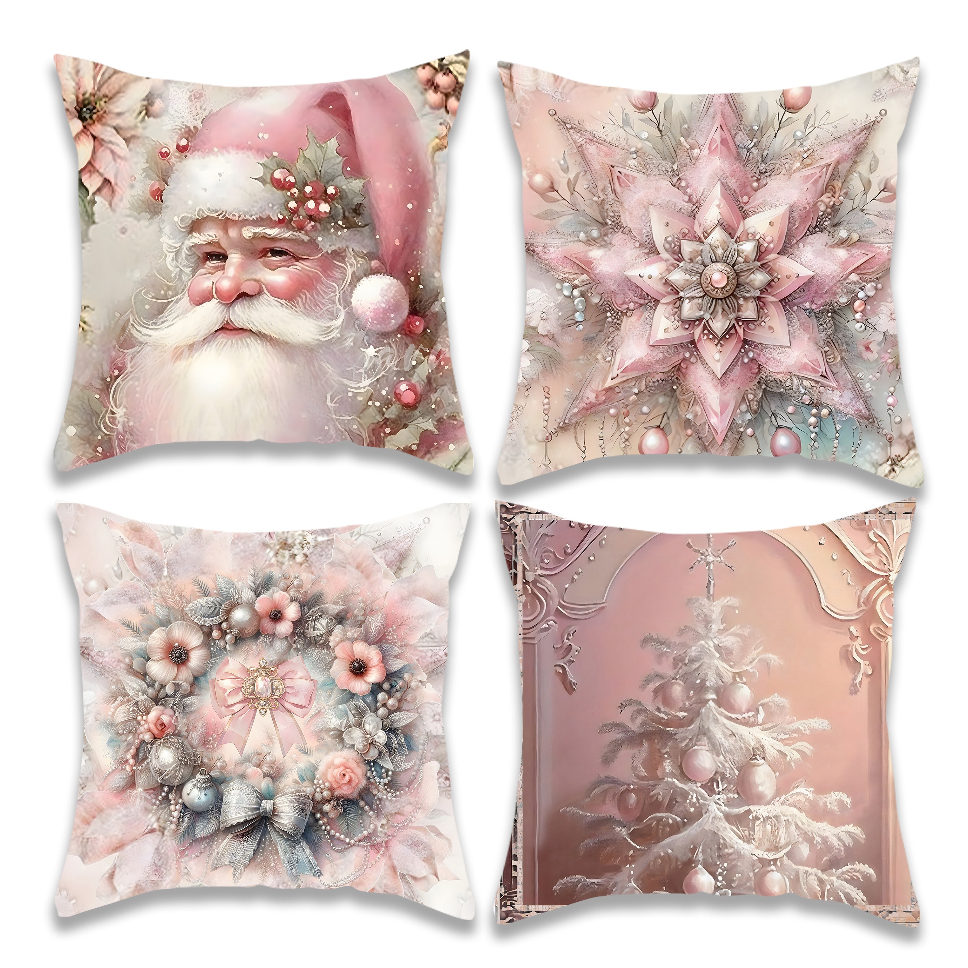 

4pcs Christmas Throw Pillow Covers Set - Santa, Wreath & Designs In , 18x18 Inches - Living Room & Bedroom Decor