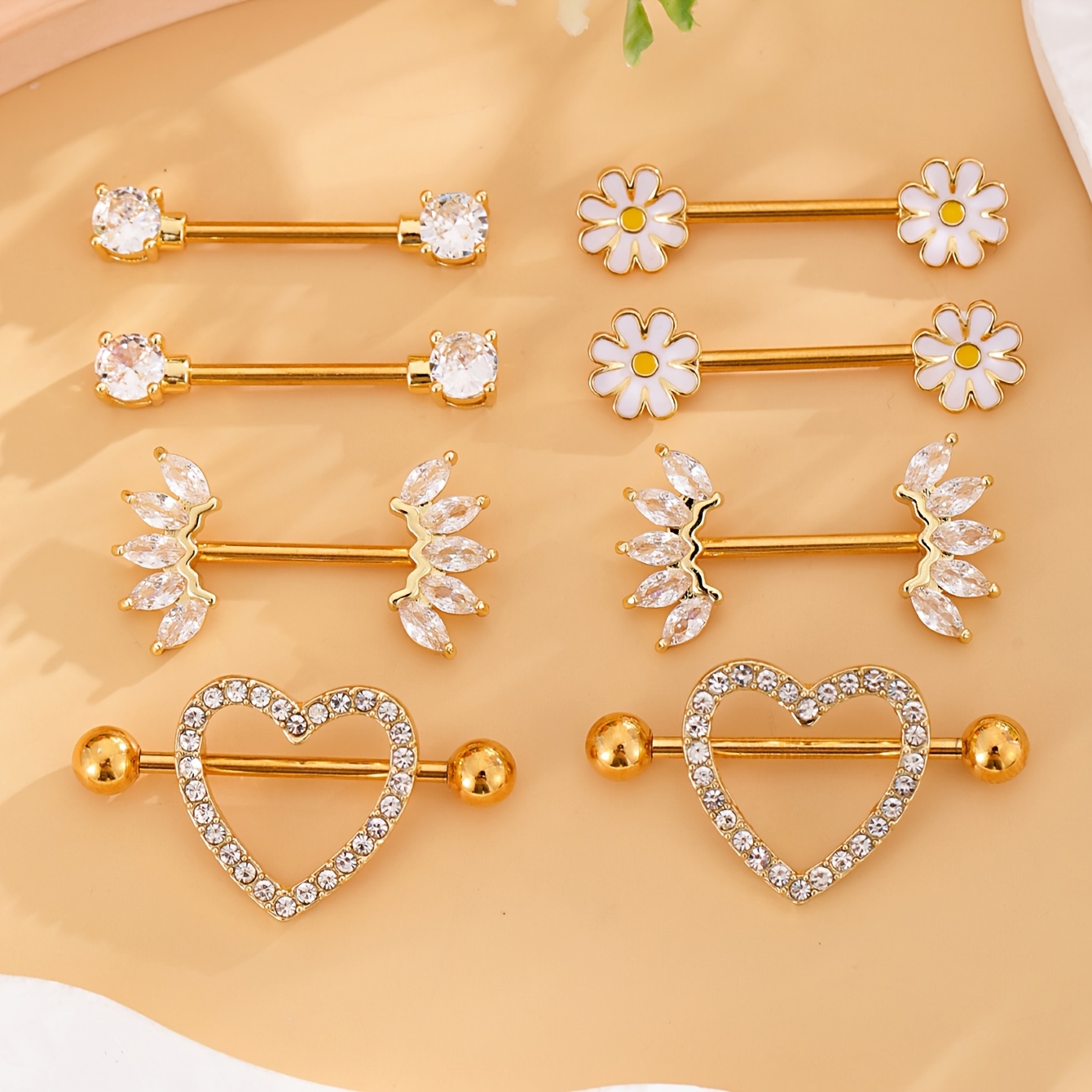 Image of 4 Pairs Of Stainless Steel Perforated Barbell Set With Heart-shaped Horse-eye Inlaid Synthetic Zirconia Ladies Piercing Jewelry For Daily Wear