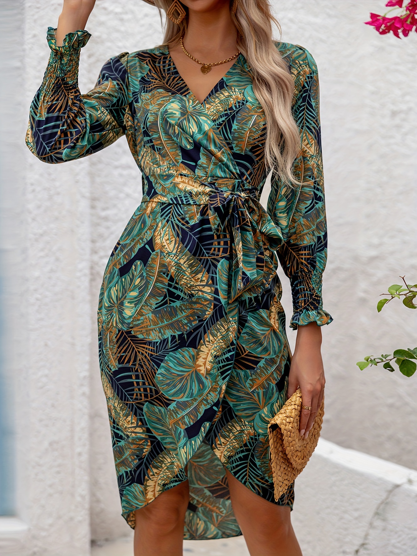 Plant Print Split Wrap Dress, Elegant Surplice Neck Long Sleeve Dress ...