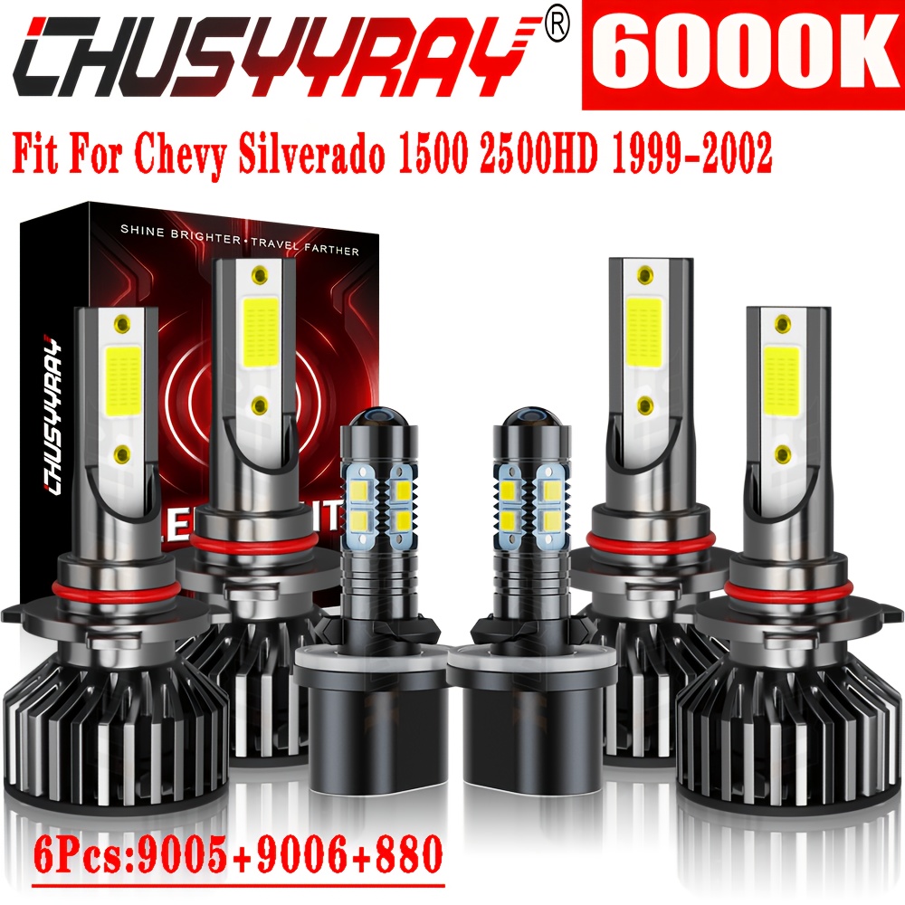 TEMU Fit For Chevy Silverado 1500 2500hd 1999-2002 Led Headlight High/ Low Beam+fog Light Bulbs Combo Kit, 9005 9006 880 100w 30000lm 6000k White,