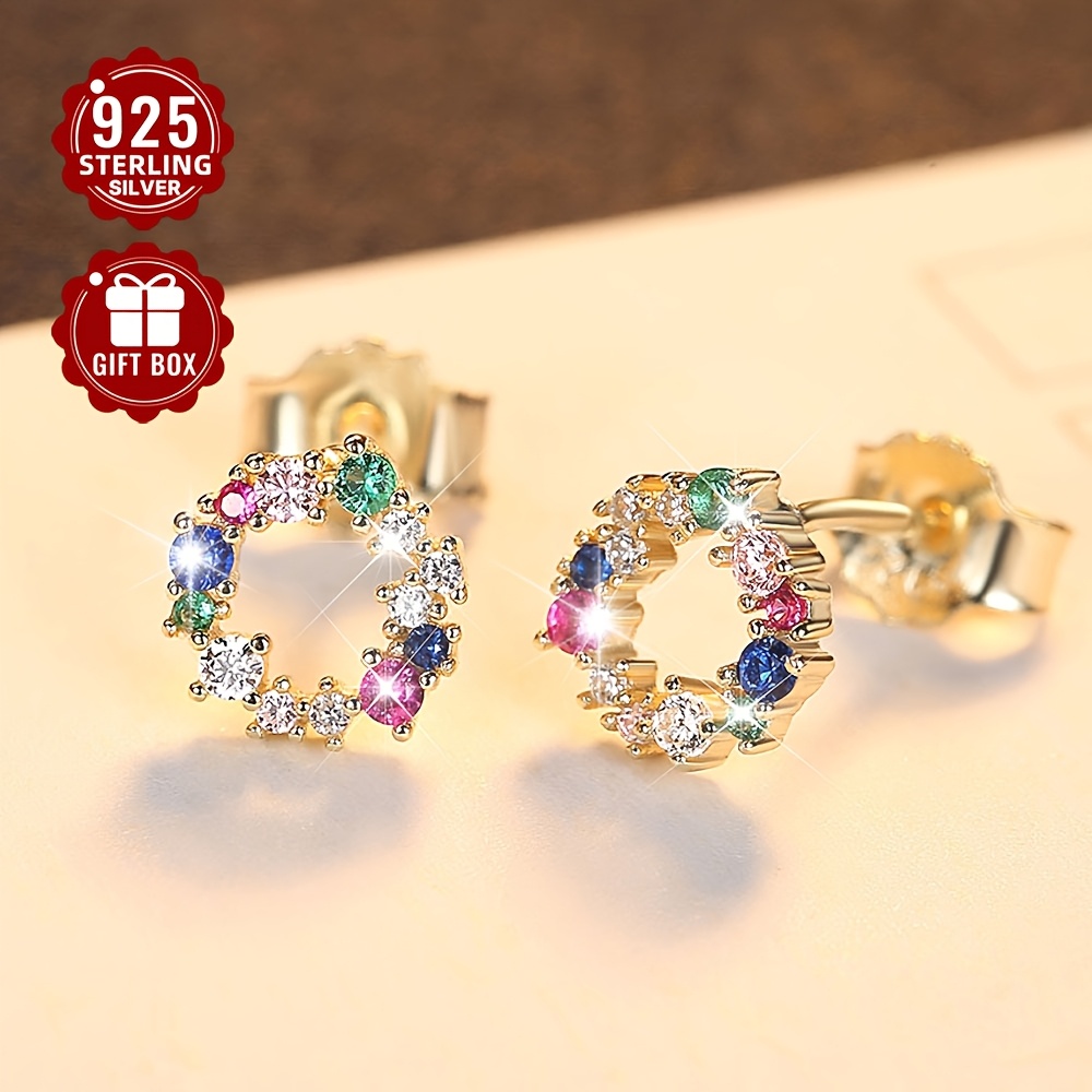S925 Pure Silver Stud Earrings with Colorful Zirconia