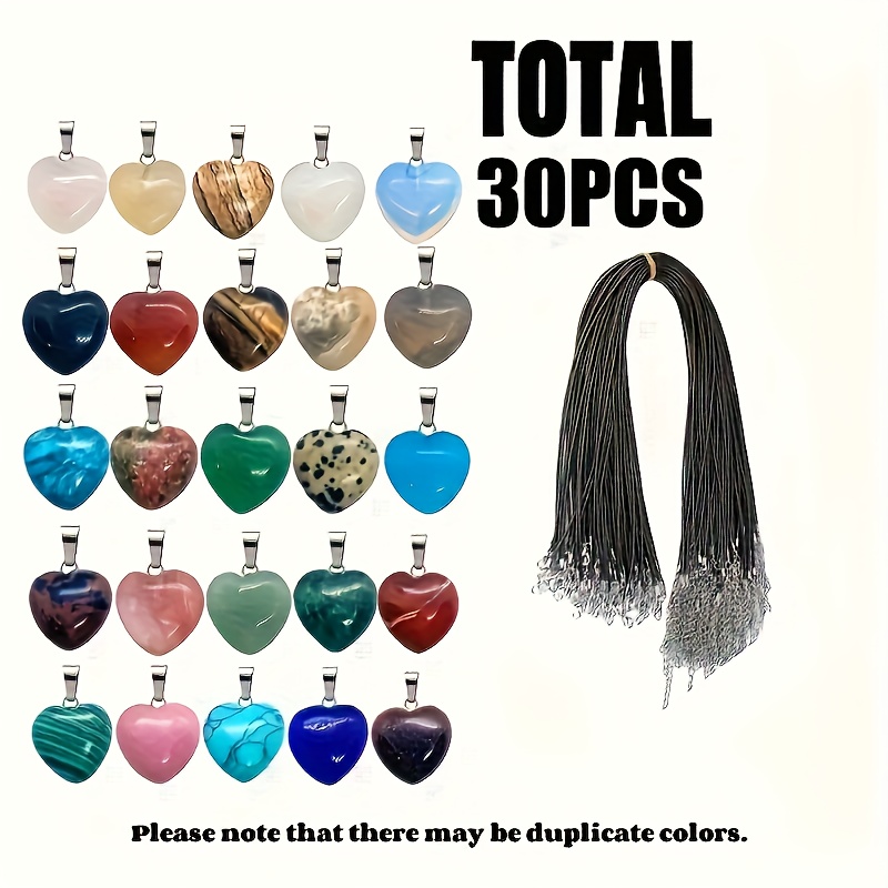 Image of 30pcs Assorted Multicolored -shaped Pendants, Accompanied By 15pcs Heart-shaped Stone Charm With 15pcs Black Necklace Chains, Perfect For Handmade Jewelry Gifts For Valentine's Day.