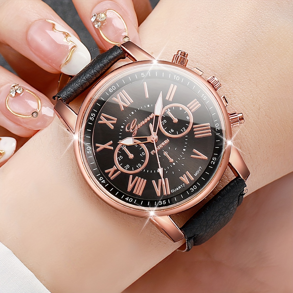 ladys pu leather strap wristwatch with roman numerals and three dials quartz movement zinc alloy case and electronic drive details 2