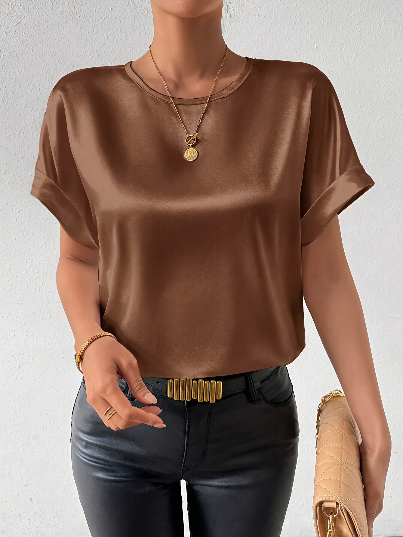 Women's Batwing Short Sleeve Round Neck Blouse - Elegant Solid Color Non-See-Through Shirt, Machine Washable Lightweight Top for Spring Summer Fall, Versatile Casual & Formal Wear, Seasonal Fashion, Sophisticated Casual, Nonseethrough Fabric