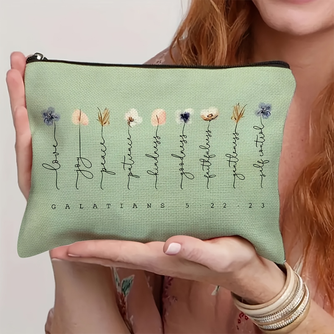 TEMU 1pc, Vibrant Bible Floral Pattern Makeup Bag - 5:22-23 Bible Design, Portable Toiletry Storage Bag, Beauty And Skincare Product Storage Bag,