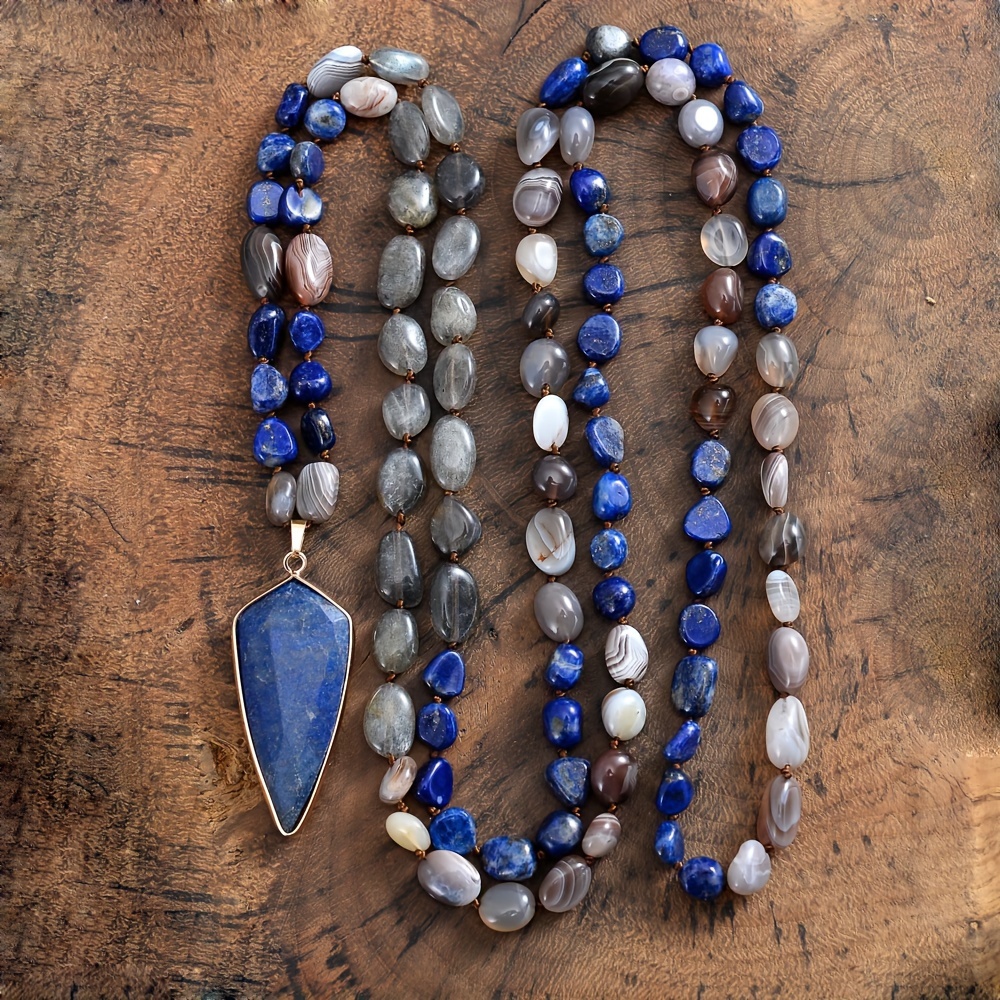 

Shield Shape Pendant Necklace, Natural Stone Beaded Long Necklace For Men